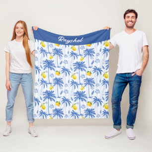 Couverture Polaire Toile Bleue Palmiers Citrons Monogramme Nom