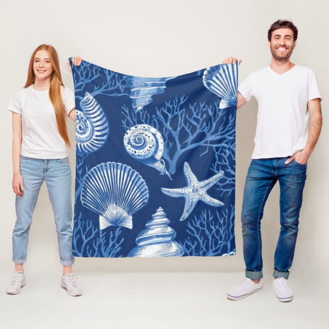 Couverture Polaire Toile Côtière Bleue Motif Corail Coquillage (2) (En situation)