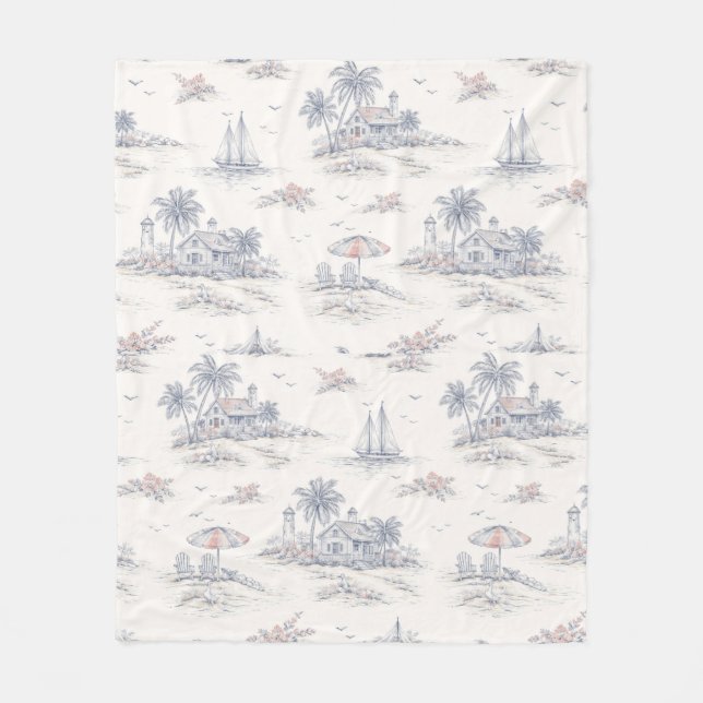 Couverture Polaire Toile de Jouy Bleue Côtière (Devant)