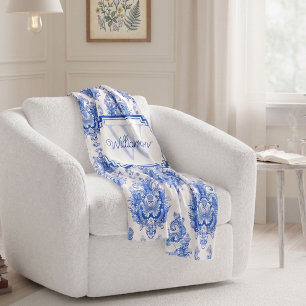 Couverture Polaire Toile de Jouy bleue française motif damassé nom mo