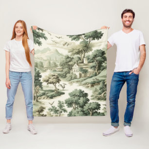 Couverture Polaire Toile de Jouy Verte Maison de Campagne Motif Villa