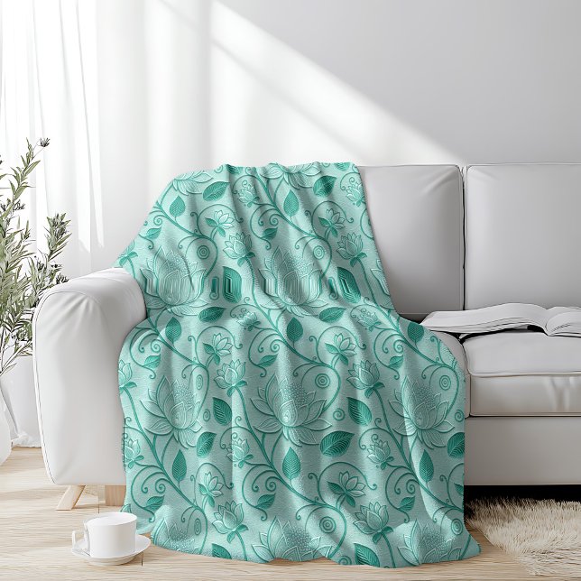 Couverture Polaire Tons de vert pastel motif de lotus en relief (Créateur téléchargé)