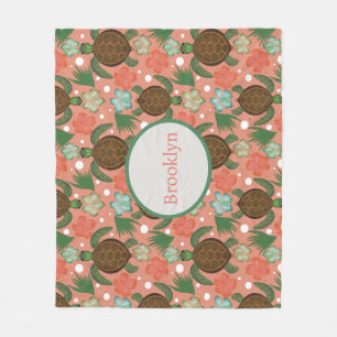 Couverture Polaire Tortue de mer et Hibiscus Coral Rose Floral