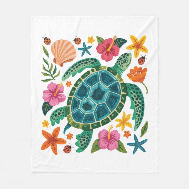 Couverture Polaire Tortue de mer florale Boho (Devant)