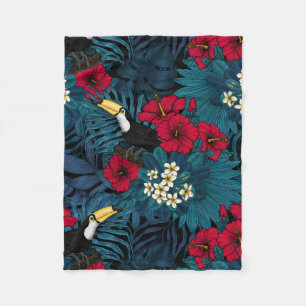 Couverture Polaire Toucans et flore tropicale, verte et rouge
