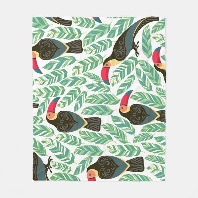 Couverture Polaire Toucans, feuilles tropicaux, motif décoratif. (Devant)