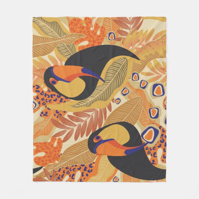 Couverture Polaire Toucans sur branches, motif tropical sans soudure. (Devant)