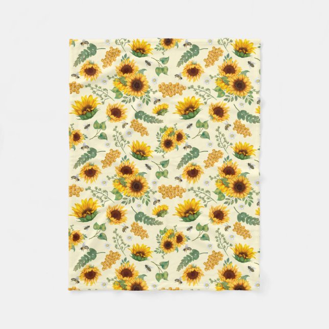 Couverture Polaire Tournesol Abeilles de miel Jaune Floral Blanche en (Devant)