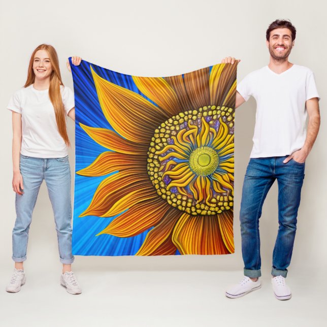 Couverture Polaire Tournesol rustique sur bleu (En situation)