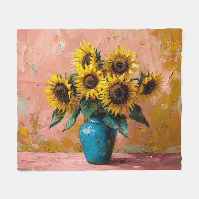 Couverture Polaire Tournesols impressionnistes dans un vase bleu (Devant (Horizontal))