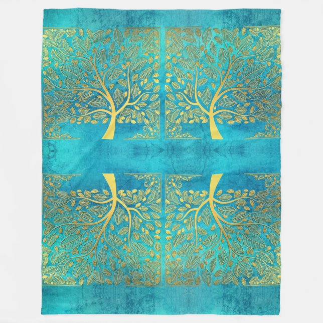 Couverture Polaire Tourquoise Blue et Gold Tree of Life (Devant)