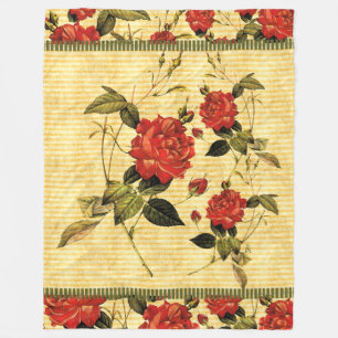 Couverture Polaire Trésors du grenier - Roses rouges sur bandes jaune