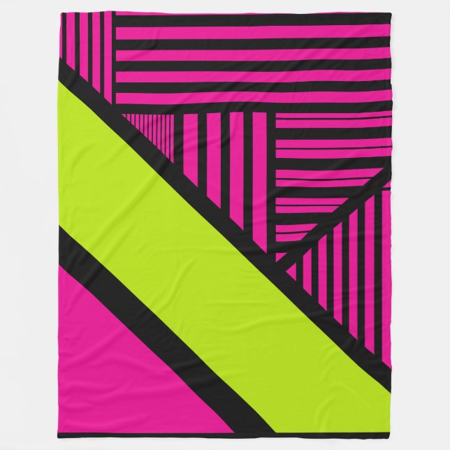 Couverture Polaire Triangle rayures en vert citron, rose chaud et noi (Devant)