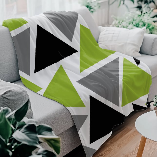 Couverture Polaire Triangles aléatoires Lime Vert Gris noir sur blanc (Créateur téléchargé)