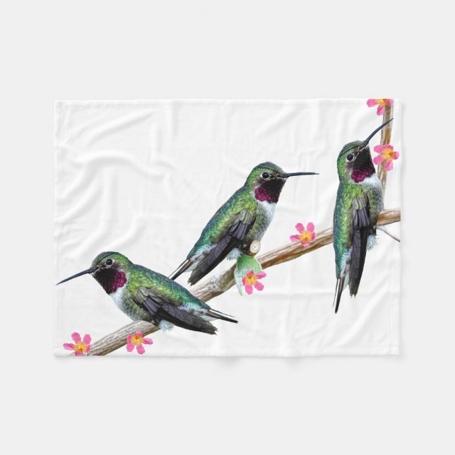 Couverture Polaire Trois colibris perchés sur une branche d'une fleur (Devant (Horizontal))
