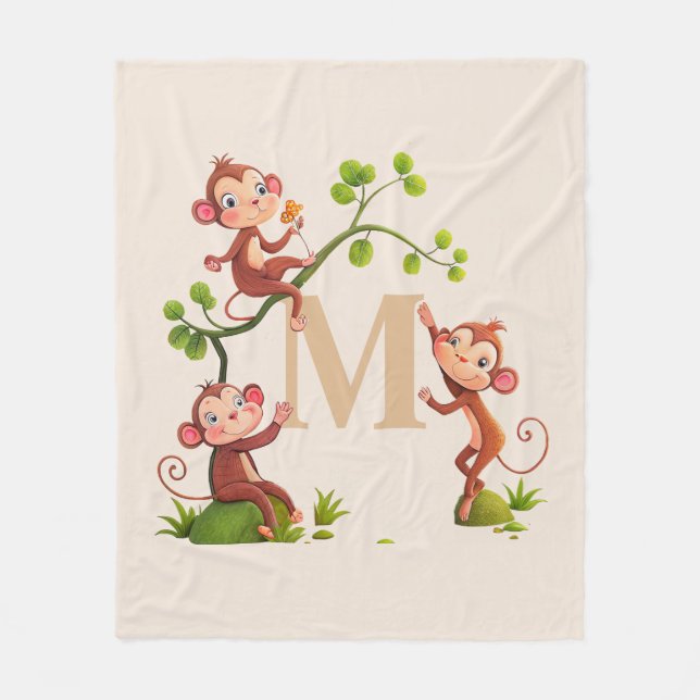Couverture Polaire Trois singes mignons et monogramme doré sur ivoire (Devant)