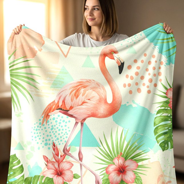 Couverture Polaire Tropical Flamingo Watercolor & Geometric Pattern (Créateur téléchargé)