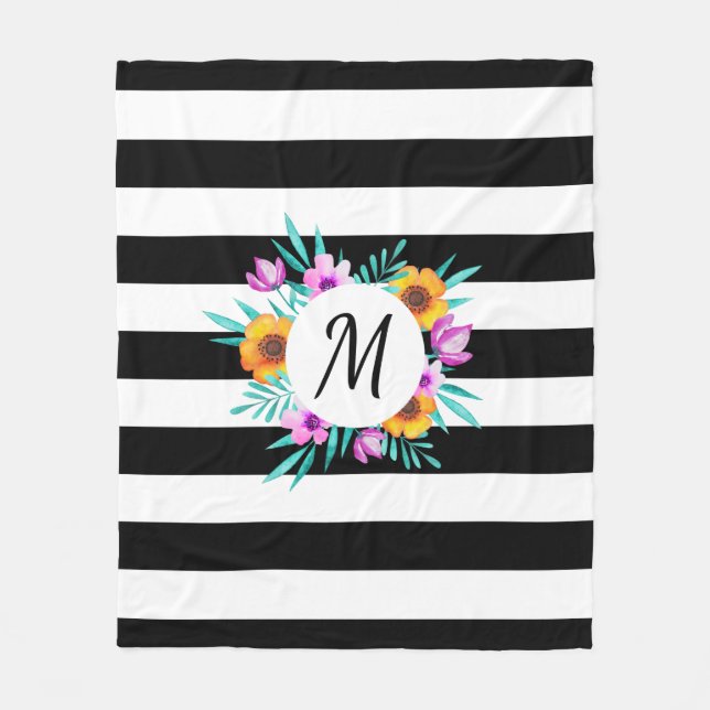 Couverture Polaire Tropical Floral Wreath Black Stripes Monogramme (Devant)