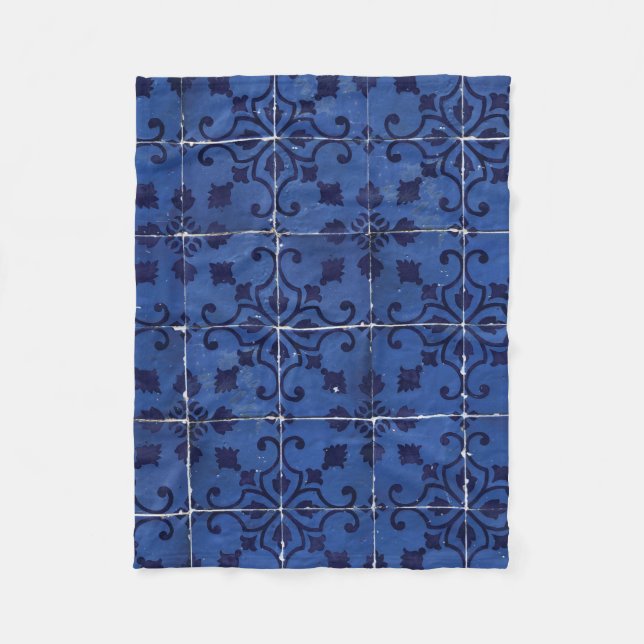 Couverture Polaire Tuiles portugaises - Azulejo Blue Floral Leaf Desi (Devant)