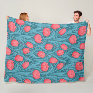 Couverture Polaire Tulipes en bleu et rouge