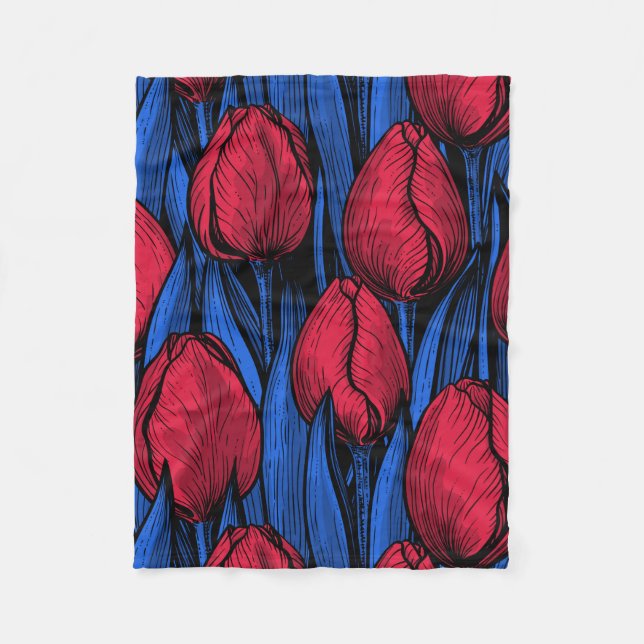 Couverture Polaire Tulipes en rouge et bleu (Devant)