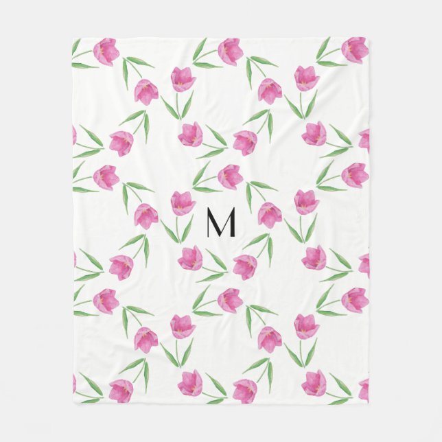 Couverture Polaire Tulipes roses d'aquarelle encadrant l'initiale (Devant)