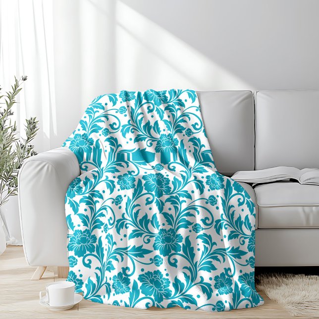 Couverture Polaire Turquoise and White Floral Damask Pattern (Créateur téléchargé)