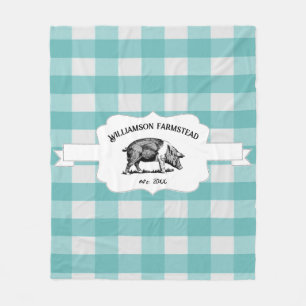 Couverture Polaire Turquoise Buffalo Plaid Farm Pig Fleece Blanche