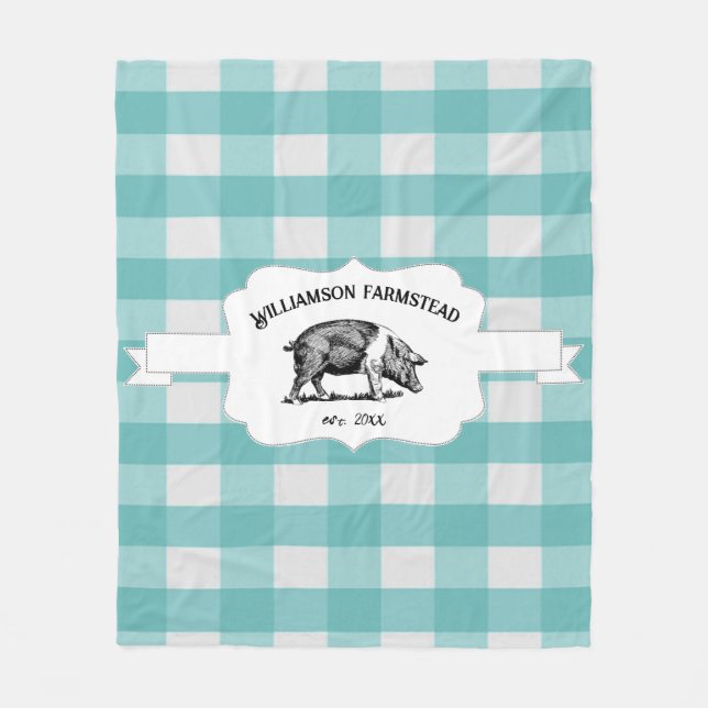 Couverture Polaire Turquoise Buffalo Plaid Farm Pig Fleece Blanche (Devant)