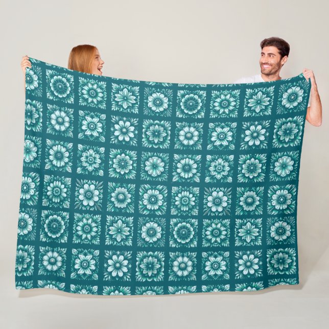 Couverture Polaire Turquoise Flowers Patterned  (En situation)