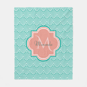 Couverture Polaire Turquoise Vert Art Déco Poissons Écailles Rose Mon