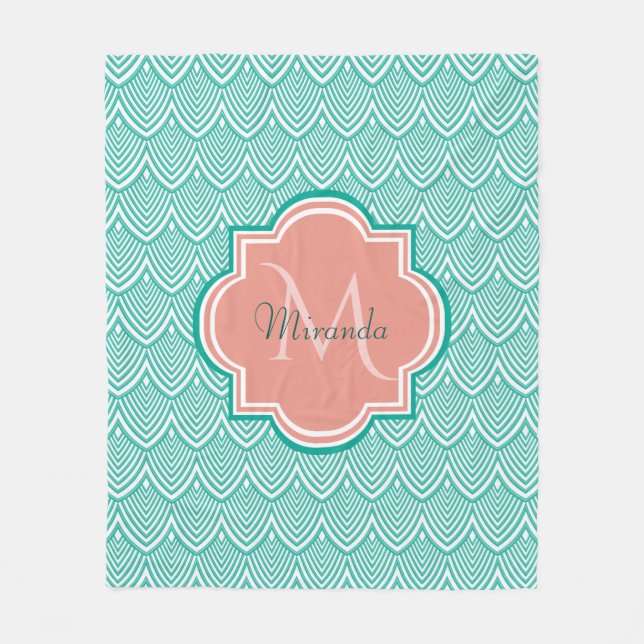 Couverture Polaire Turquoise Vert Art Déco Poissons Écailles Rose Mon (Devant)