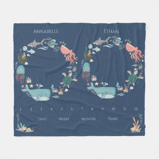 Couverture Polaire Twin Baby Milestone Blue Under the Sea Animals (Devant (Horizontal))