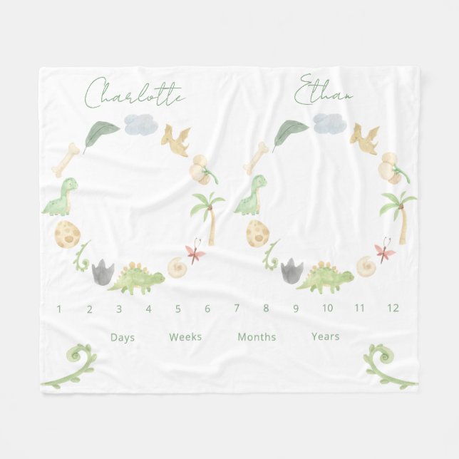 Couverture Polaire Twins Growth Tracker Sexe Dinosaures neutres (Devant (Horizontal))