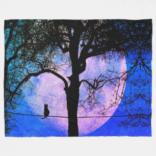 Couverture Polaire Un chat noir sur un fil pleine lune