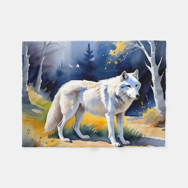 Couverture Polaire Un loup dans une aquarelle de forêt (Devant (Horizontal))