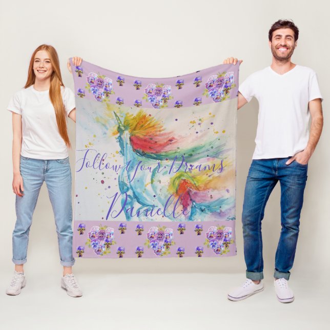 Couverture Polaire Unicorn Aquarelle Lilac Floral Girls Nom Couvertur (En situation)