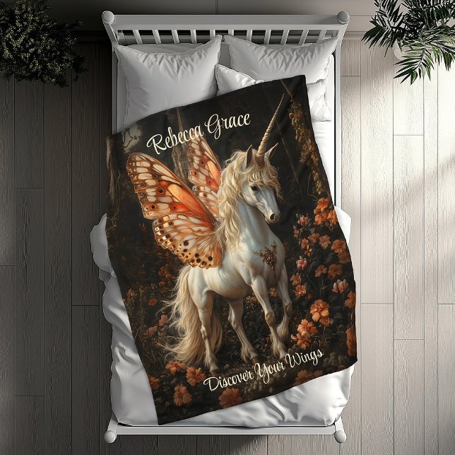 Couverture Polaire Unicorne blanche avec Ado de papillon orange (Créateur téléchargé)