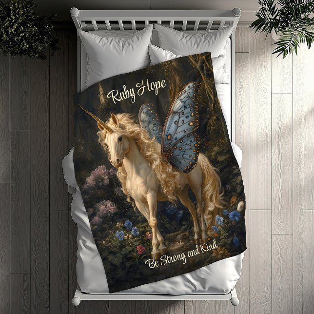 Couverture Polaire Unicorne Blanche avec Bleu Papillon ailes Nursery (Créateur téléchargé)