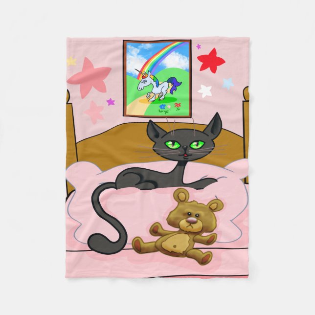 Couverture Polaire Unicorne, chat et peluche d'ours (Devant)