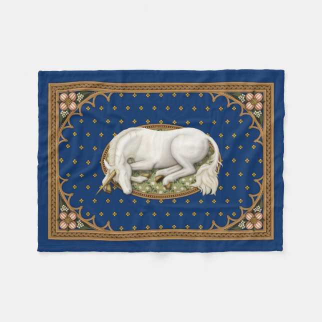 Couverture Polaire Unicorne dormant Royal Bleu Médiéval (Devant (Horizontal))