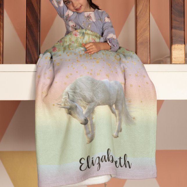 Couverture Polaire Unicorne magique Rainbow Gold Floral (Créateur téléchargé)