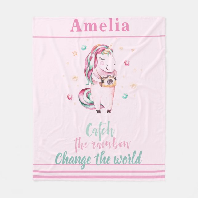 Couverture Polaire Unicorne Rose Inspirationnelle Avec Caméra Et Étoi (Devant)