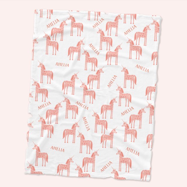 Couverture Polaire Unicorne rose Nom personnalisé (Personalized custom name pink unicorn pattern baby fleece blanket)