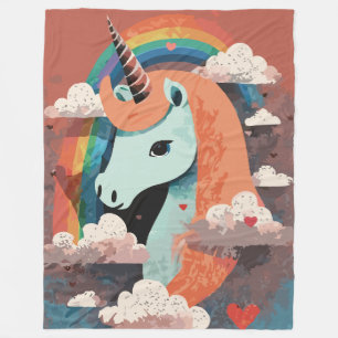 Couverture Polaire Unicorne sous arc-en-ciel et parmi les coeurs
