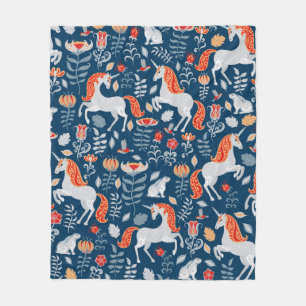 Couverture Polaire Unicornes, lapins, oiseaux, fleurs sur fond bleu