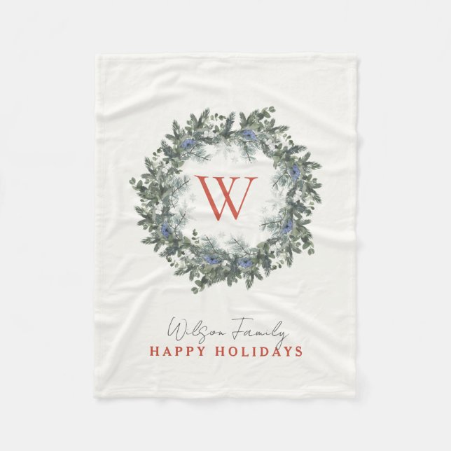 Couverture Polaire Vacances de Noël Monogram Green Wreath (Devant)