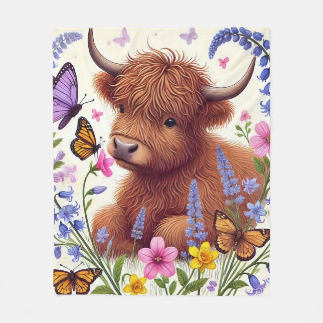 Couverture Polaire Vache Highland aux fleurs et papillons (Devant)
