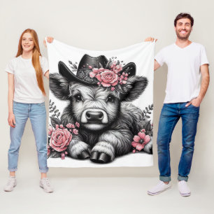 Couverture Polaire Vache Highland en Casquette avec décoration floral