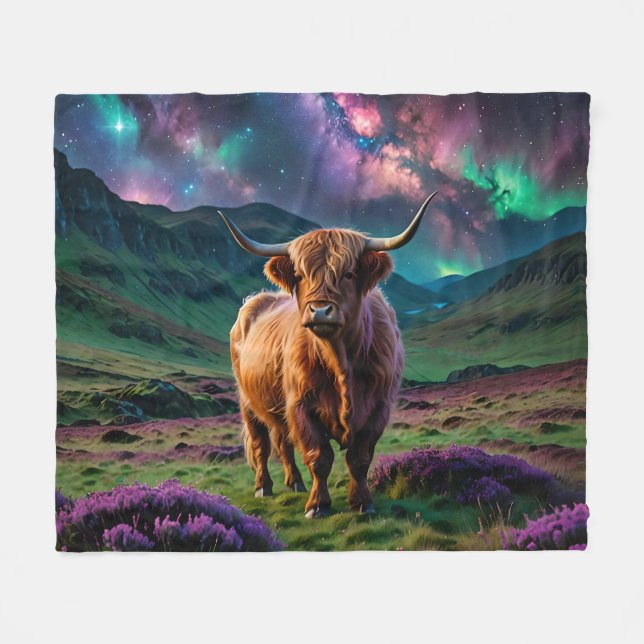 Couverture Polaire Vache Highland sous les étoiles (Devant (Horizontal))